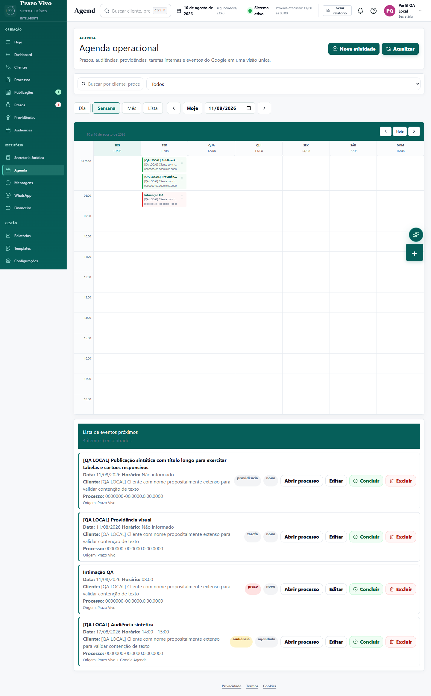 Tela real da Agenda do PrazoVivo no ambiente de QA, com dados sintéticos