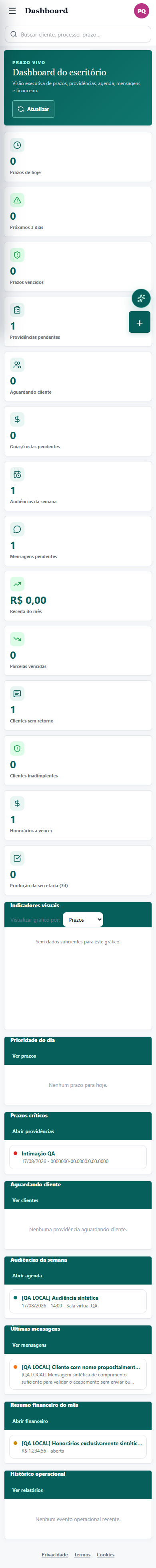 Tela móvel real do PrazoVivo no ambiente de QA, com dados inteiramente sintéticos